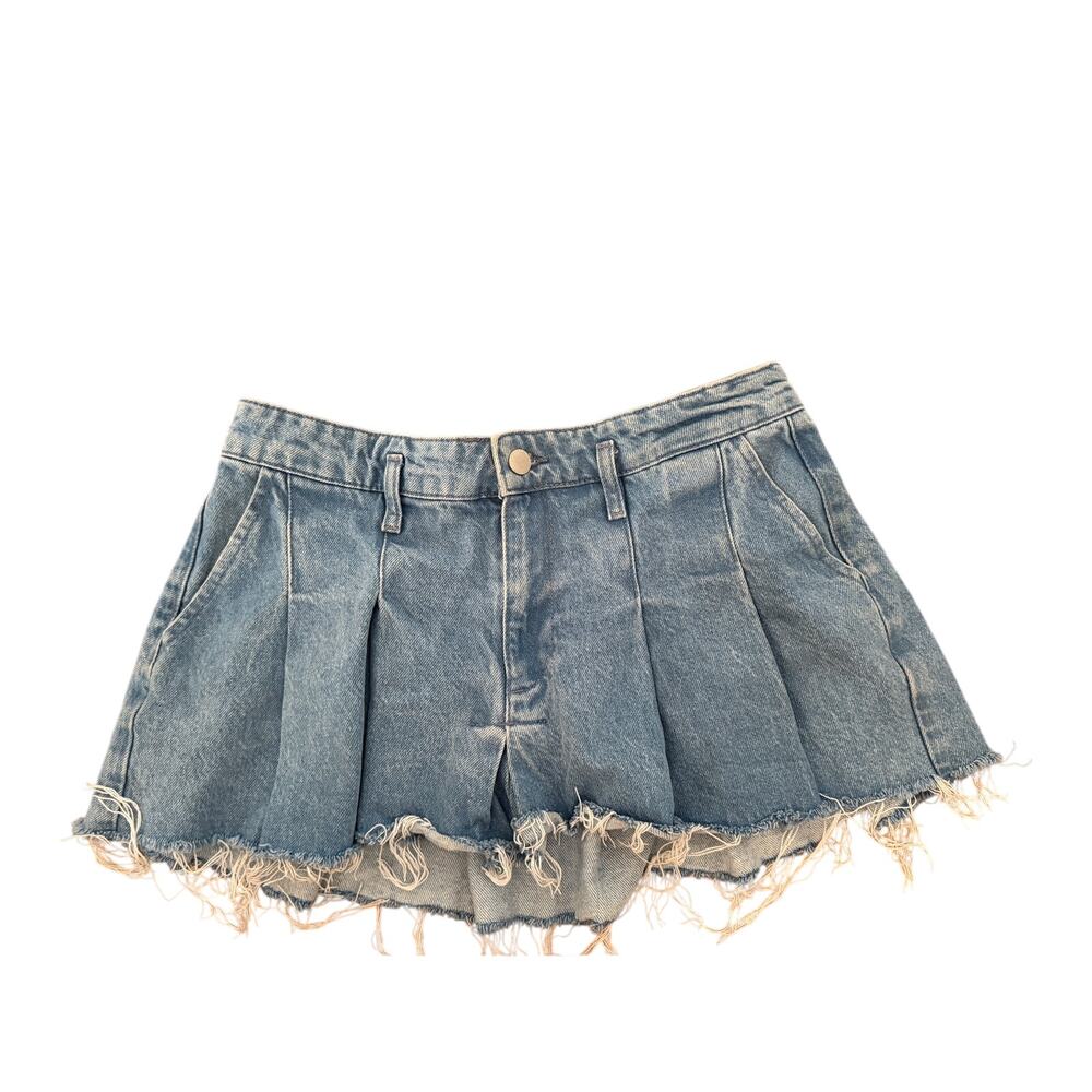 Zara Denim Pleated Mini Skirt Light Wash Deep Pockets Size Medium